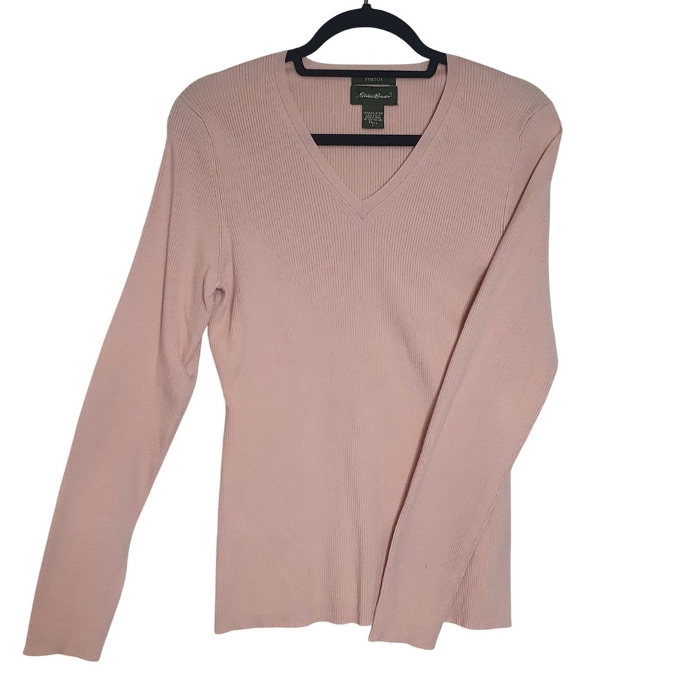 Eddie Bauer Pink Ribbed V-Neck Sweater‎ Pima Cotton Blend Tall Large Pullover
